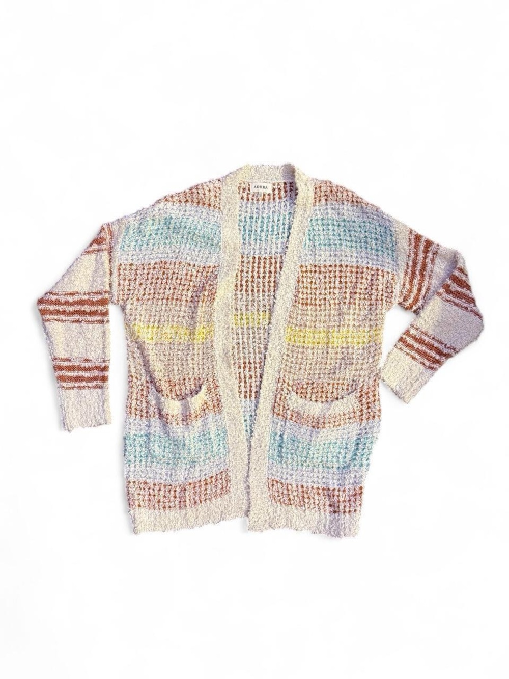ADORA Pastel Striped Open Cardigan Sweater - Cream, Blue, Yellow, Brown